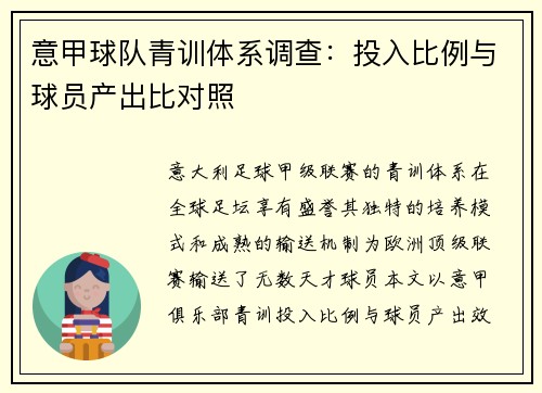 意甲球队青训体系调查：投入比例与球员产出比对照